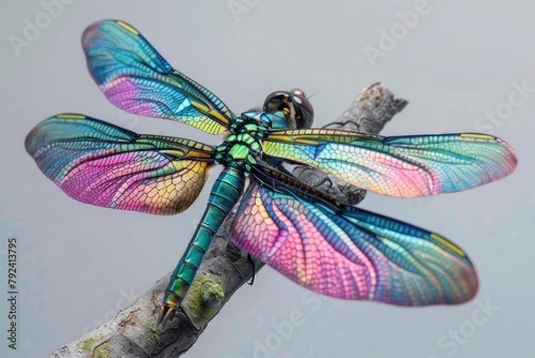Obraz A colorful dragonfly is perched on a branch