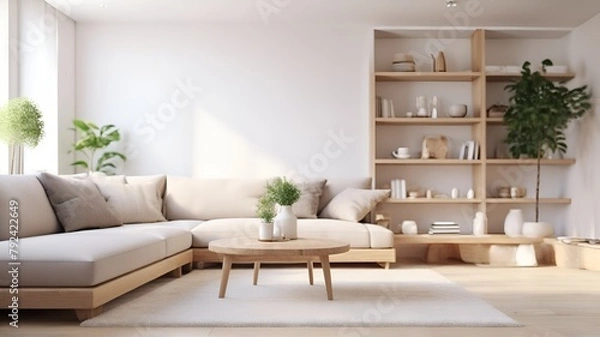 Fototapeta Modern interior in the living room layout with a white sofa, generative ai