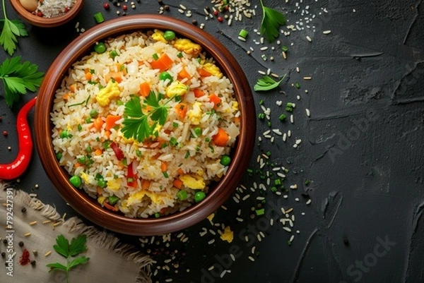 Fototapeta Traditional Chinese and Asian fried rice with egg and veggies in a ceramic bowl on a rustic concrete table Room for text