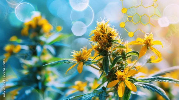 Fototapeta A field of yellow flowers with a blue sky in the background. The flowers are surrounded by a network of lines, giving the impression of a digital or technological world