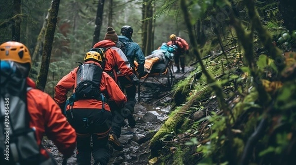Fototapeta Mountain rescue team using a stretcher to carry an injured climber down a steep trail, dense forest around, depicting teamwork and risk management.