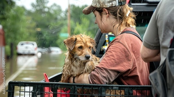 Fototapeta Volunteer group helping to evacuate pets from a flood-affected area, animals in carriers, emphasizing compassion and community effort.