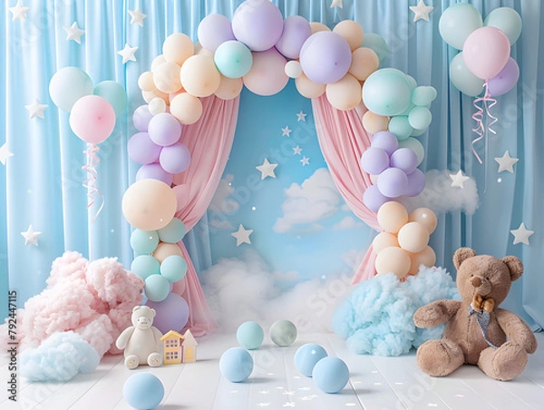 Obraz Arch takes center stage, adorned with pastel balloons drifting amidst fluffy clouds and twinkling stars. Scatter big kids toys and decorative clouds on the floor, and place a cheerful teddy bear 