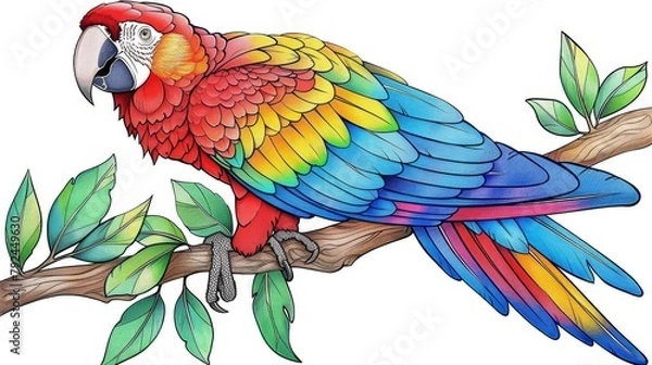 Fototapeta Animal Coloring Book: A colorful parrot perched on a branch