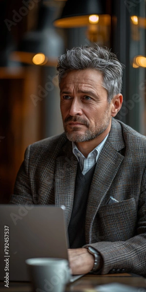 Obraz Mann im Blazer vor einem Laptop