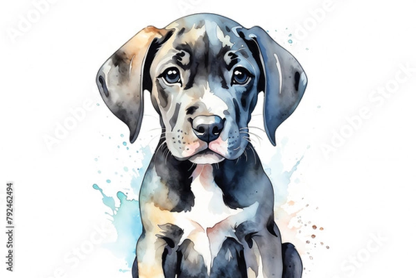 Obraz Watercolor Great Dane puppy isolated on white background.  Pet Portrait with copy space.