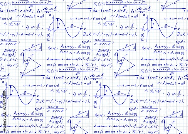 Obraz Vintage education background. Mathematical law theory and formula equation on notebook page. Vector hand-drawn seamless pattern.