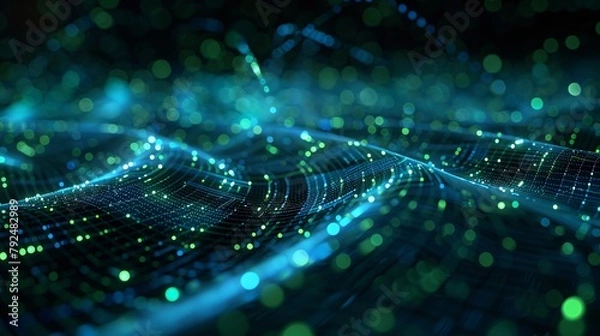 Fototapeta A glowing blue and green particle wave.