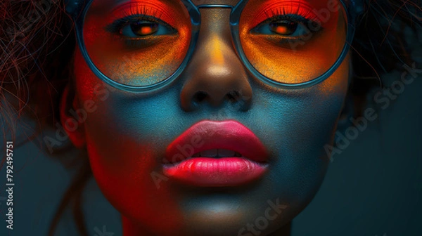 Fototapeta Retro Futurism Inspired, A Woman's Portrait Accentuated With Vivid Red Highlights And Lustrous Lips