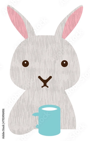 Obraz マグカップで飲み物を飲んで休憩するウサギ
