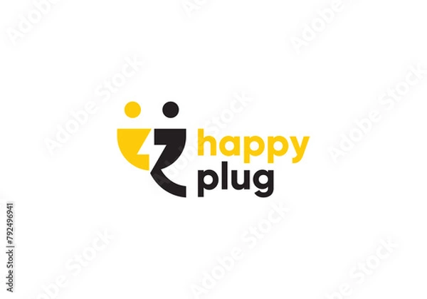 Fototapeta happy people with plug logo. energy power socket. creative idea and innovation vector design.