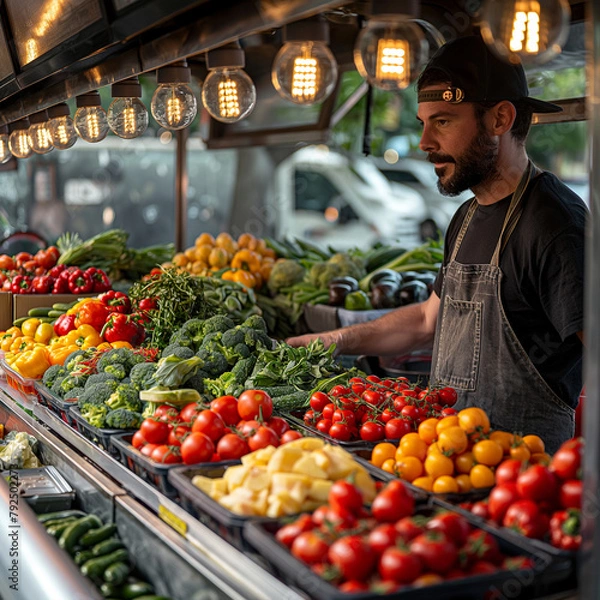 Obraz fresh produce being loaded into vacant food truck by chef ai technology