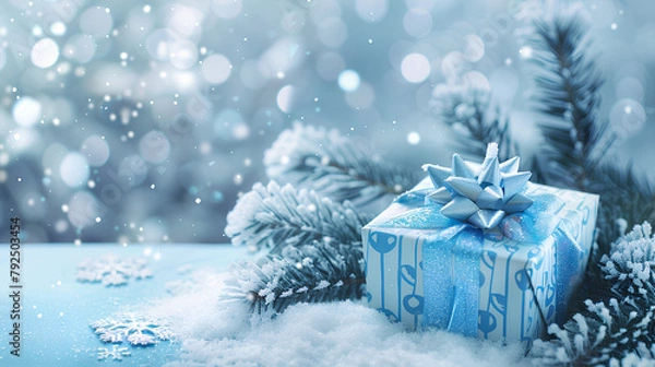 Obraz  Sparkling Blue Winter Gift, Snowflakes on Frosty Pine with Copy Space