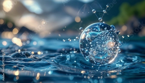Obraz Illustration of a water molecule with elements of nature inside, Water, sphere, light, bubbles, network, blue, ripples, abstract, background.