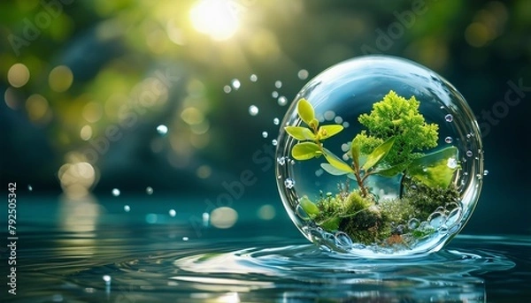Obraz Illustration of a water molecule with elements of nature inside, Water, sphere, light, bubbles, network, blue, ripples, abstract, background.