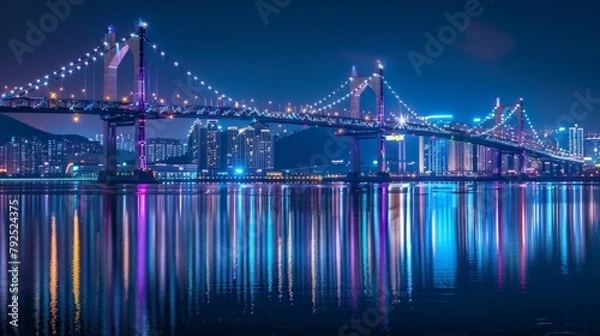 Fototapeta With the city asleep below, Gwangan Bridge remains awake, its lights casting a mesmerizing reflection upon the waters of Busan, South Korea, creating a scene of unparalleled wonder and beauty.