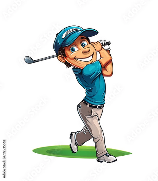 Obraz Cartoon golfer in mid-swing on a lush green, showcasing dynamic motion and playful character expression. Generative AI