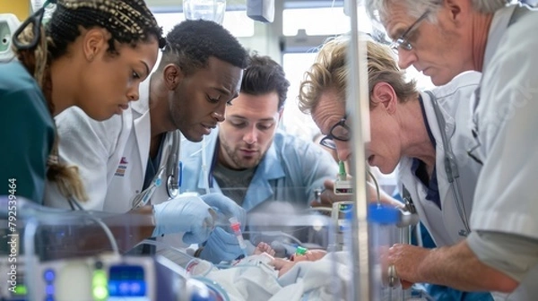 Fototapeta A team of doctors and nurses huddle around a premature baby in an incubator, one adjusting an IV drip while another checks vital signs on a monitor.