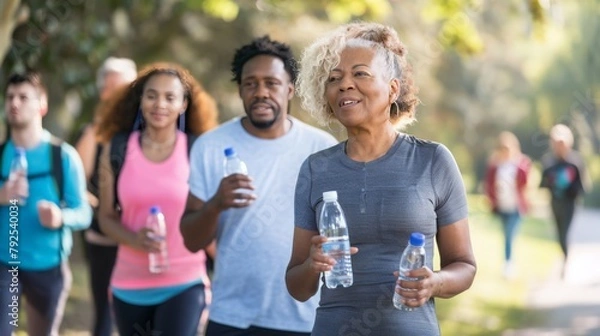 Fototapeta a diverse group of people, young and old, walking together in a park. a water bottle and wears comfortable clothing, symbolizing the importance of exercise in chronic disease management.