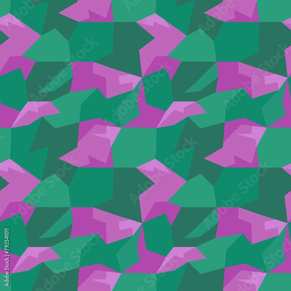 Fototapeta Geometrically designed elements in fuchsia and green tones organized in a camouflage seamless pattern. Polygon shaped elements surface art texture for printing or use in graphic design.