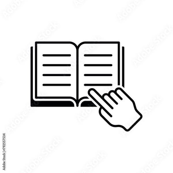Fototapeta Open book with finger icon vector illustration. Instruction manual on isolated background. Book pages with text.