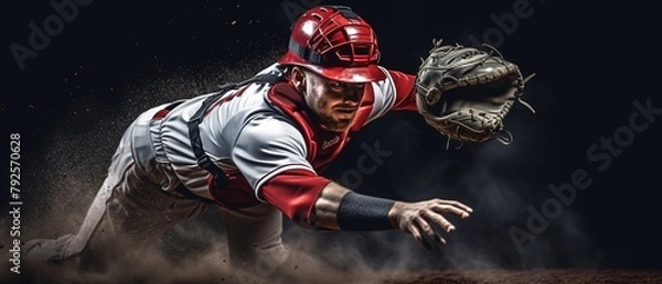 Fototapeta A baseball player catching a ball with a wellworn leather glove, action shot during a game, emphasis on skill and sports equipment