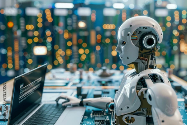 Fototapeta A robot is sitting in front of a laptop computer. The robot is wearing a white suit and has a human-like face. Concept of technology and artificial intelligence