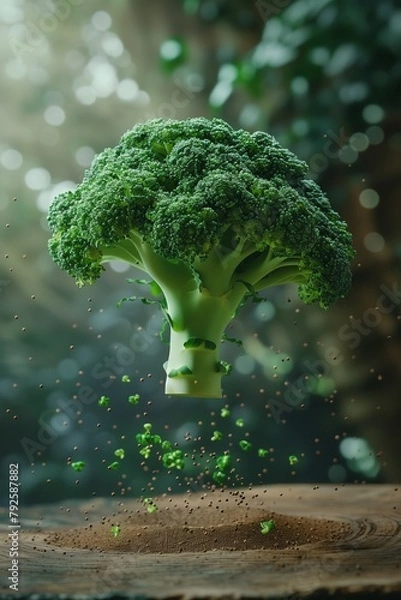 Fototapeta Exquisite macro shot captures a broccoli in mid-air levitation, set against a warm brown backdrop. AI Generated