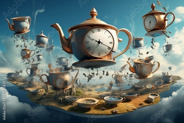 Fototapeta scene from Alice in Wonderland with flying teapots and cups. Tea pouring from flying teapots into floating cups
