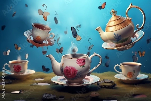 Fototapeta scene from Alice in Wonderland with flying teapots and cups. Tea pouring from flying teapots into floating cups