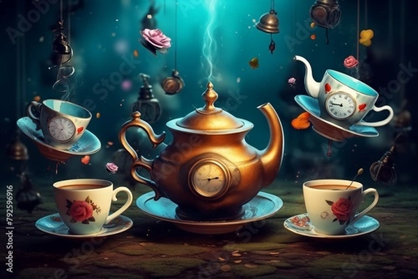 Fototapeta scene from Alice in Wonderland with flying teapots and cups. Tea pouring from flying teapots into floating cups