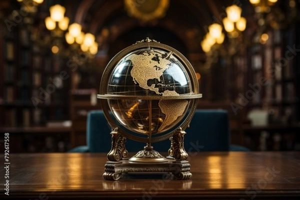 Fototapeta A golden globe sits on a wooden table in a dimly lit library.