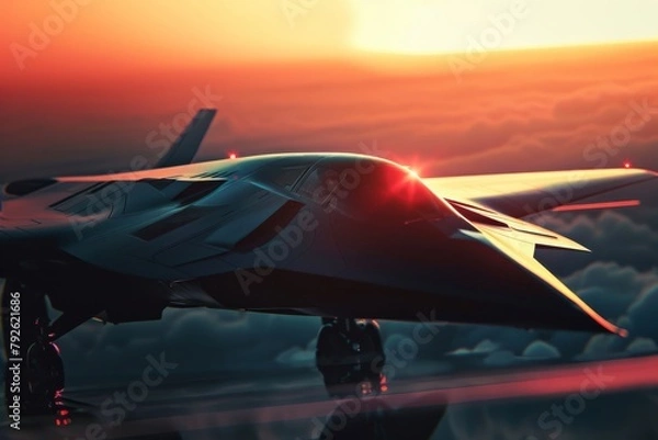 Obraz A fighter plane soaring through a fiery sunset