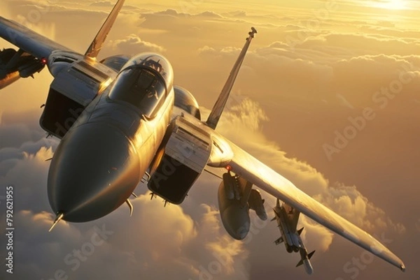 Obraz A fighter plane soaring through a fiery sunset