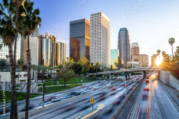 Fototapeta Los Angeles autostrady podmiejskich ruchu drogowego panoramę centrum miasta
