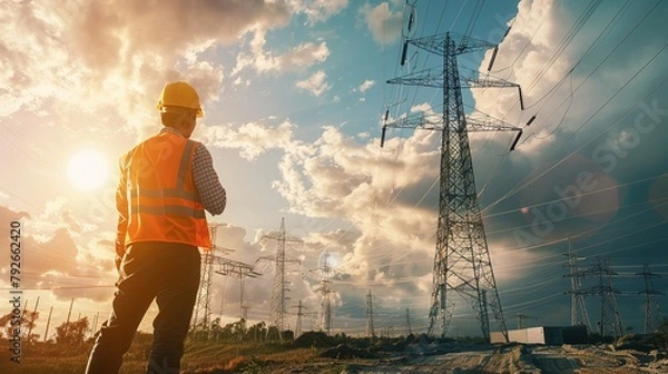 Fototapeta electrical engineer at pylon
