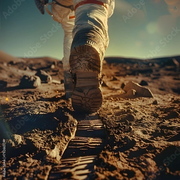 Fototapeta A Footstep of Reality and Imagination - Astronaut's First Steps on the Pastel Moon Surface