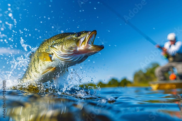 Fototapeta Action shot of a bass fish dramatically jumping out of the water during a fishing trip, with an angler in the background on a sunny day.