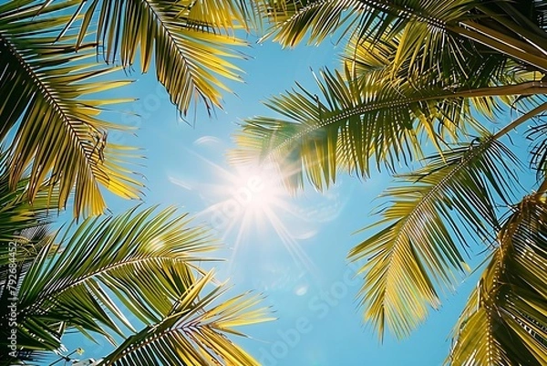 Fototapeta the warm, tropical sunlight filtering through palm fronds, creating a pattern of light and shadows.