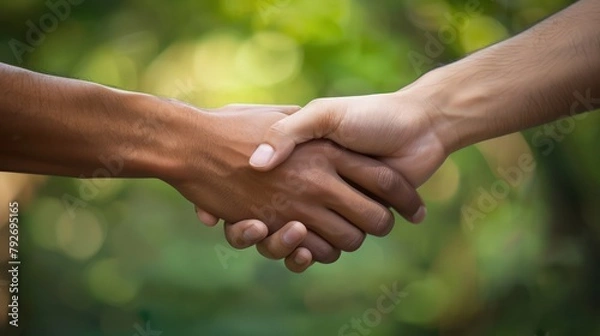 Fototapeta Two colleague shaking hand after accepting agreement business concept with green environment outdoor background