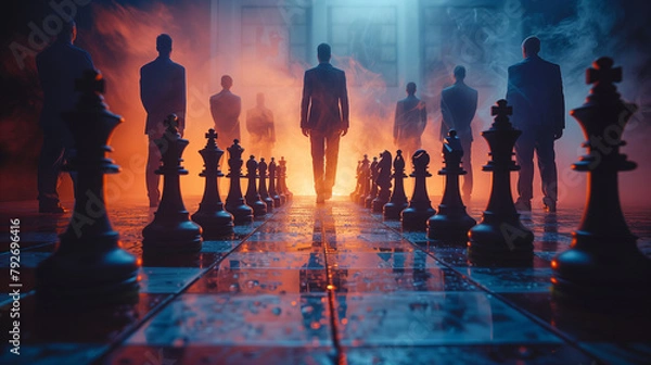 Fototapeta group of businessman on chess board, business strategy concept