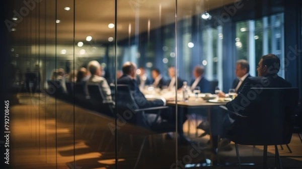 Fototapeta Business Team Engaged in Discussions Seen Through Blurry Glass Partition - Negotiation Techniques, Executive Leadership, Organizational Development, Management.