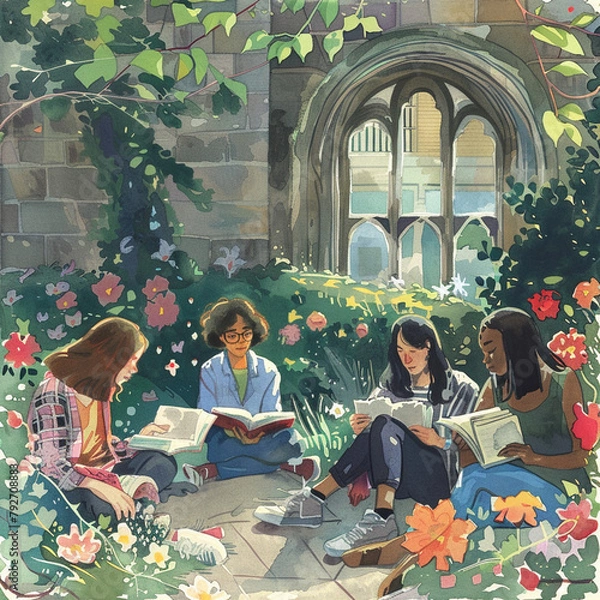 Obraz Girls students AI generated watercolour set brochure