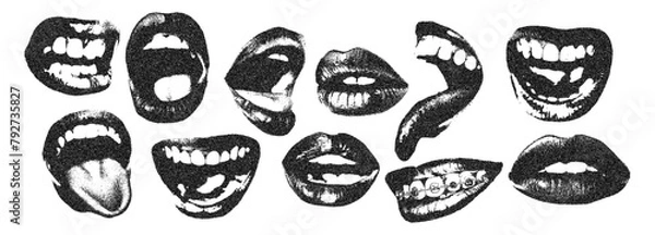 Obraz Lips and mouth in scream with monochrome photocopy effect, for grunge punk y2k collage design. Elements in stipple halftone brutalist retro design. Vector illustration for vintage music poster or bann