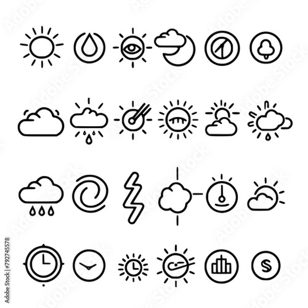 Fototapeta weather icons, sun icon, cloud icon, rain icon, storm icon, moon icon, snow icon, wind icon, temperature icon, cloudy icon, weather, icon, sun, vector, set, cloud, rain, symbol, illustration, storm