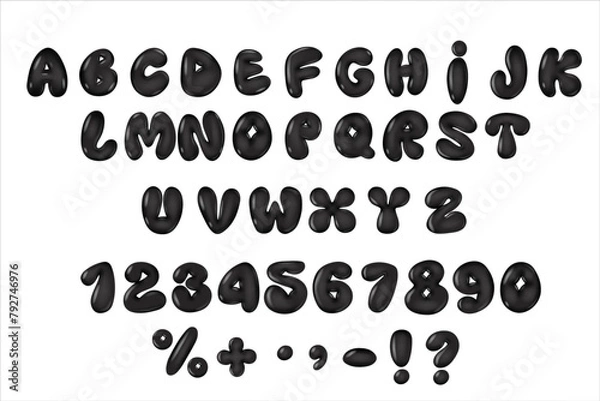 Fototapeta Glossy 3D black bubble font in Y2K style. Complete alphabet and numbers from 0 to 9. Collection Glossy letters in cartoon style. Inflated balloon letters.