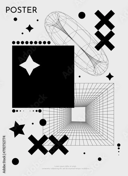 Fototapeta Futuristic retro vector minimalistic Posters with strange wireframes graphic assets of geometrical shapes. Modern y2k design. Surreal black line and cicrle geometry figures.