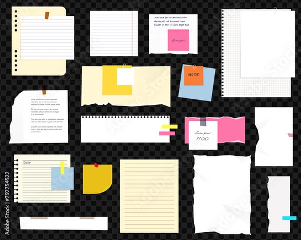 Fototapeta Paper notes, stickers, sticky sheets and tape. Colored ripped lined paper strips collection. Notepaper meeting reminder, office notice or information board with appointments