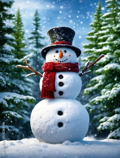Fototapeta Fun snowman with scarf during a snowy day in the forest