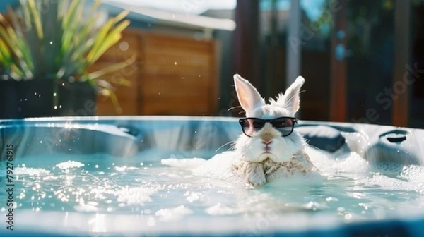 Fototapeta Playful White Rabbit in Sunglasses Enjoying a Relaxing Hot Tub Soak